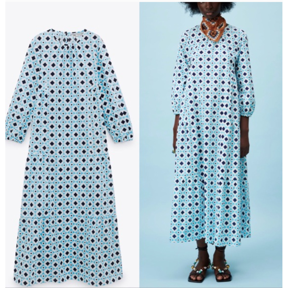 Zara Geometric The Isa Kaftan Blue Scoop Neck Long Sleeve Midi Dress Medium